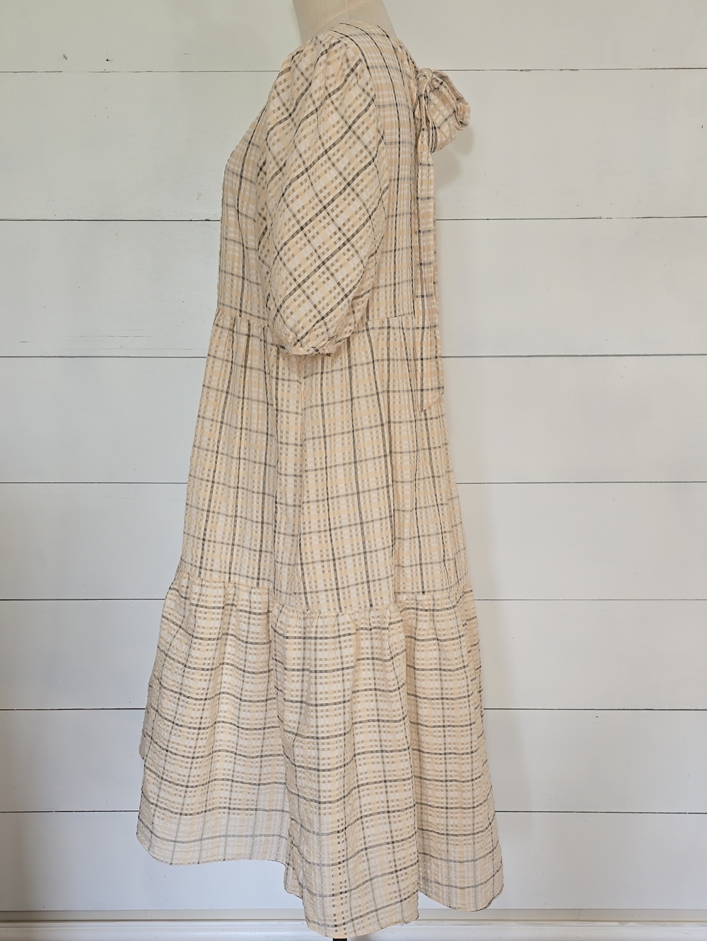 English Factory Plaid Tiered Puff-Sleeve Midi Dress Cream Tan Sz M - Picture 3 of 7